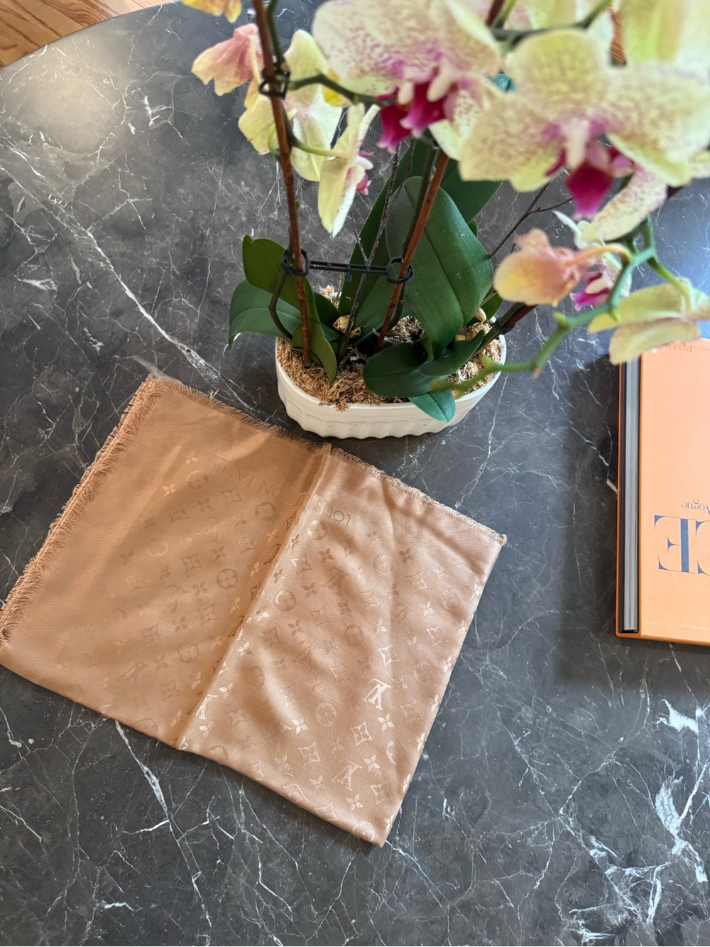 Louis Vuitton Monogram Silk-Blend Scarf in Camel Beige (New)